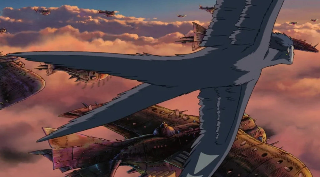 Кадр из мультфильма «Ходячий замок» (2004), в котором в метафоричной форме отражен ужас послевоенной Японии